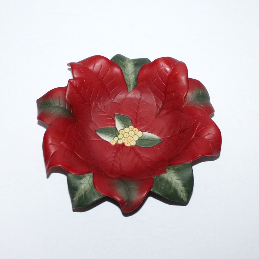 Partylite Poinsettia dish Pillar Candle Holder ceramic vintage Christmas decor